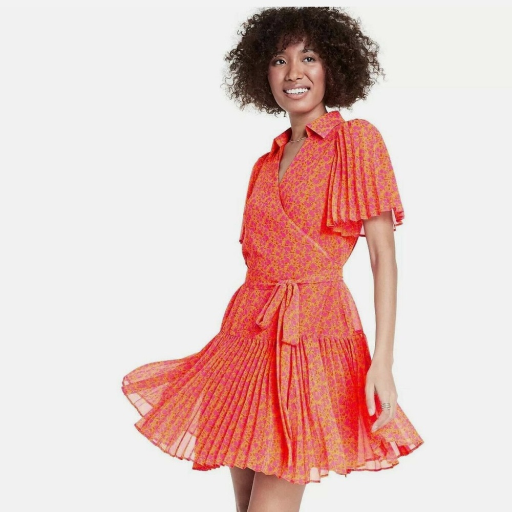 ALEXIS for Target Orange Floral Flutter Sleeve Pleated Wrap Dress Size S